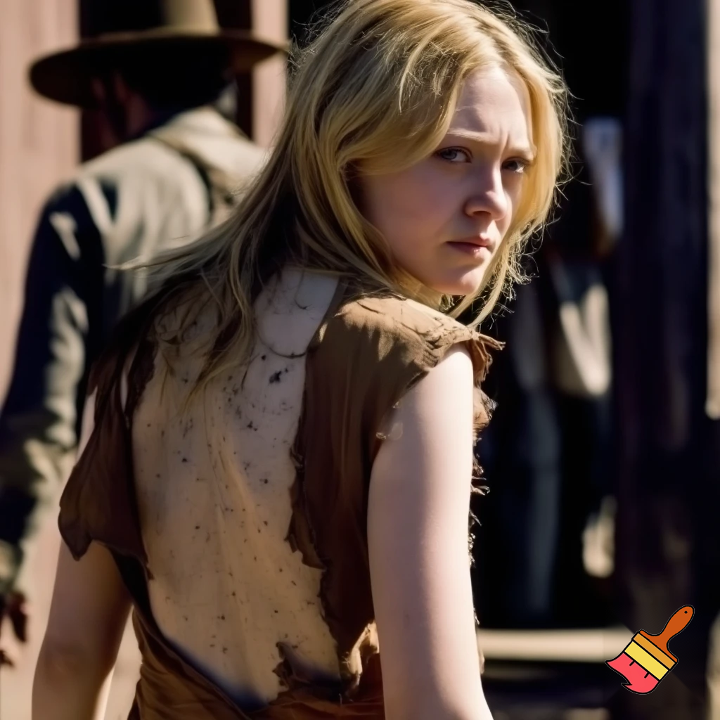 Dakota Fanning, various poses, torn clothes, wild west street scene, close up shot, breast exposed, walking looking over her shoulder 