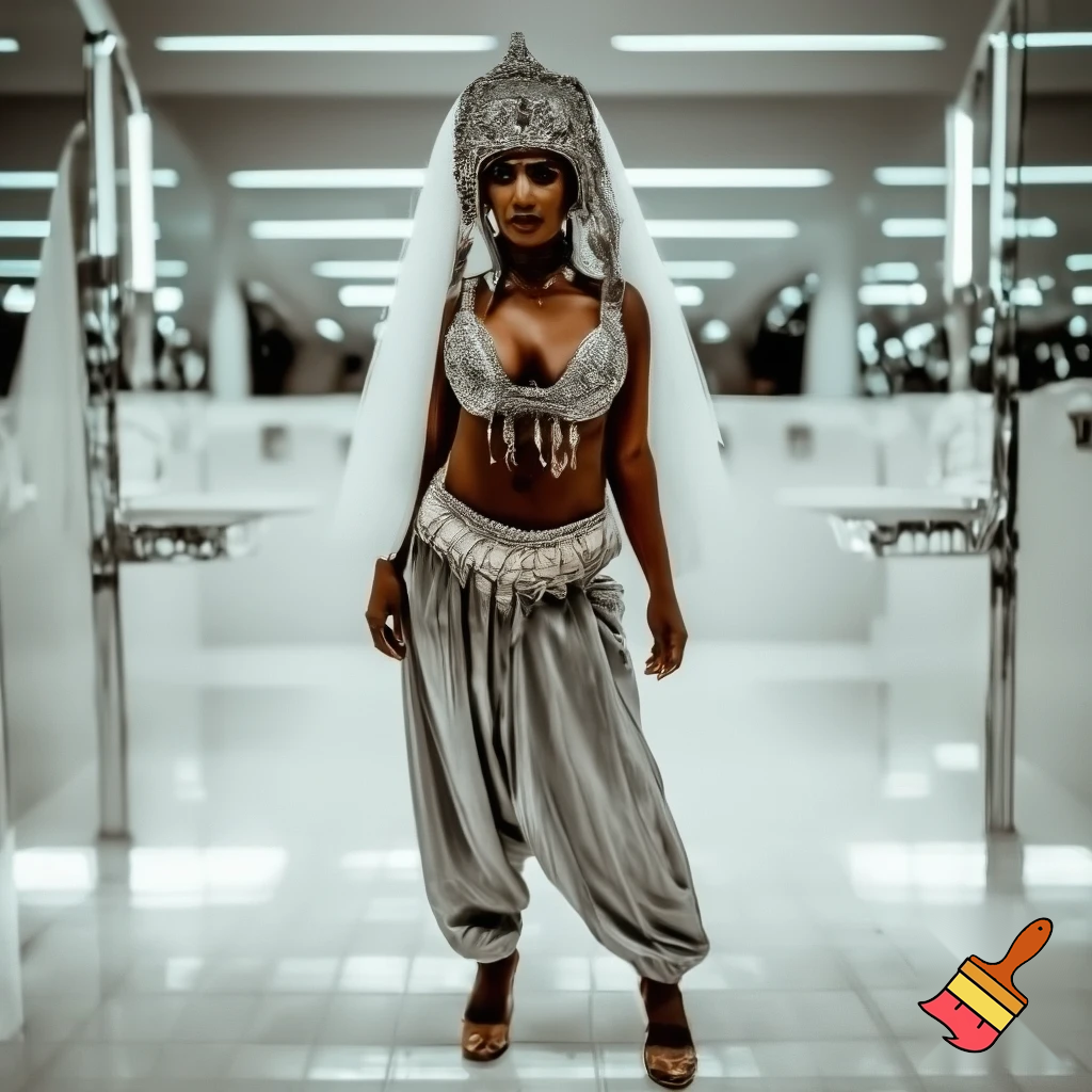 Attractive Moroccan woman with dark skin wearing a headpiece, a veil, ornate cuffs, a bejeweled bra, a coin belt, harem pants and ballroom dance shoes in a restroom  