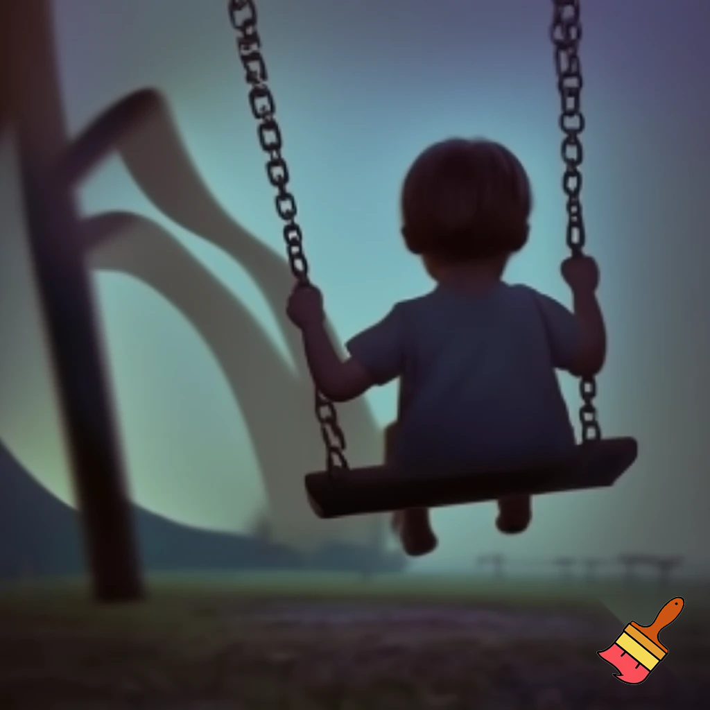 a small child swinging on a swing facing away from me, distorted image
