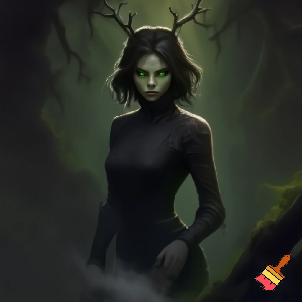 dnd druid rouge in all black with glowing eyes and small deer antlers