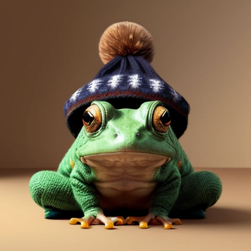 A laughable, puzzled animal toad in woolen, multicoloured winter clothings with woolen, funny winter cap. Hyperrealistic art style.