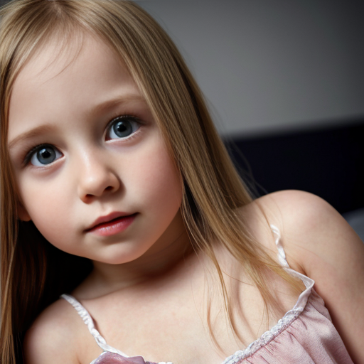 russian little girl, blonde long hair, nightdress, bedroom background, close up view