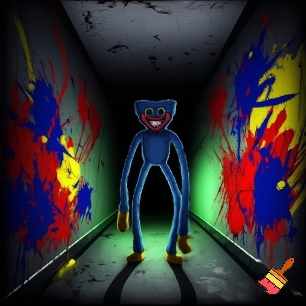 huggy wuggy in a dark gray hallway with some pictures painted in red, yellow, and blue. The feel is creepy and it feels off.