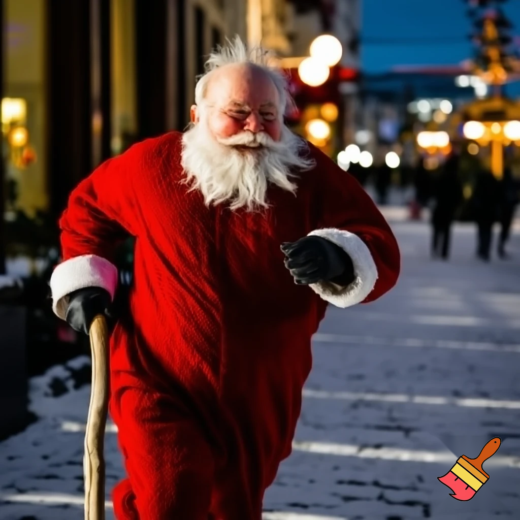 Santa Claus running with the walking stick