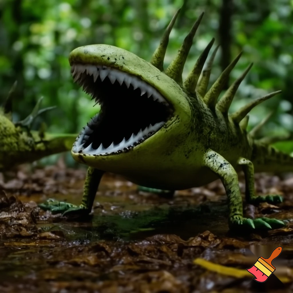 a animal that has green skin and has no eyes
and has a tail with spike on the tail and body and looks like a fly trap and lives in the rainforest has a big mouth and has shark teeth and has legs
and give him a shark face with no eyes and walks on all fours


 
