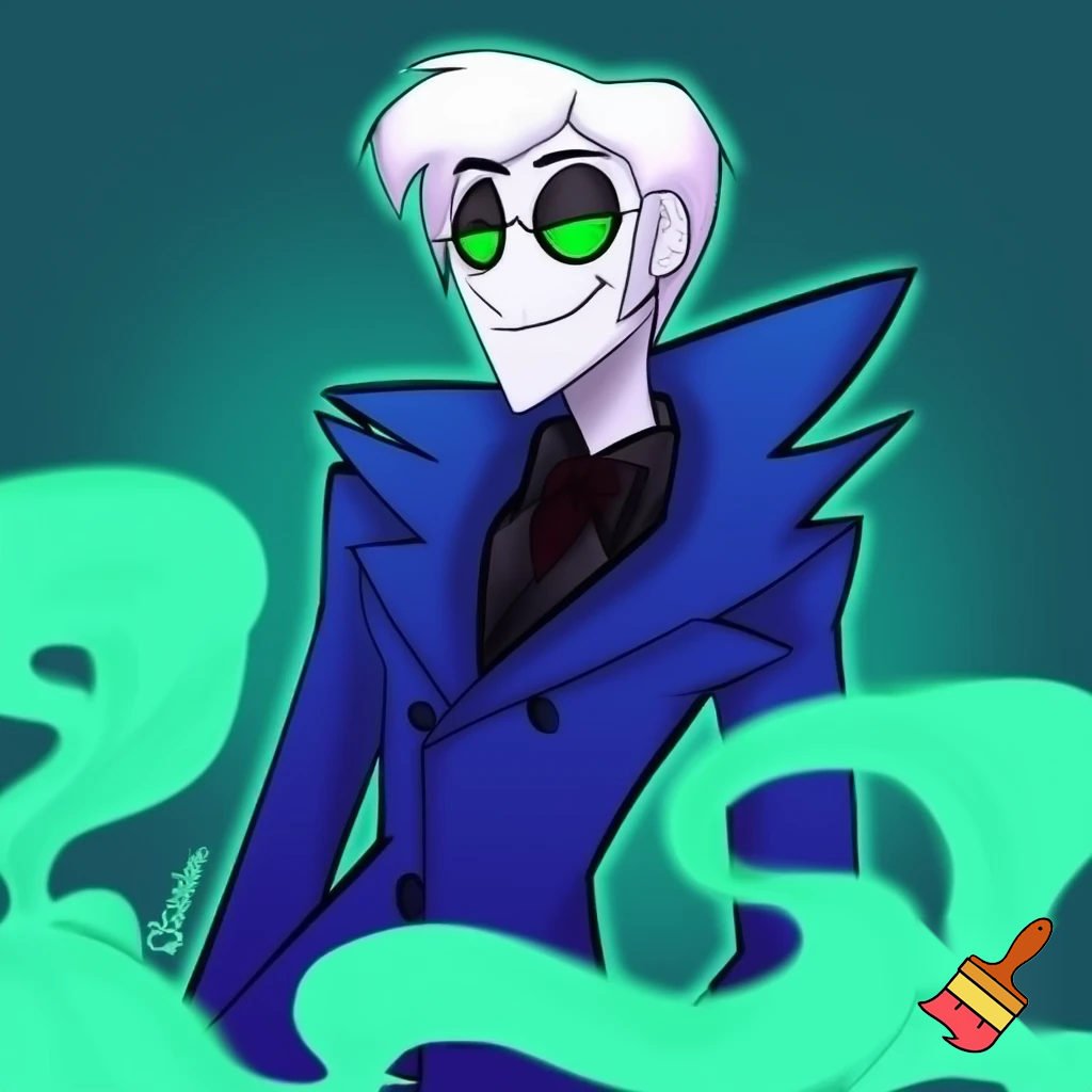 A tall, lean pale man with white hair, green eyes and distinctive round bra glasses In cartoonish art style of hazbin hotel wearing his signature blue overcoat and smoke curling around him