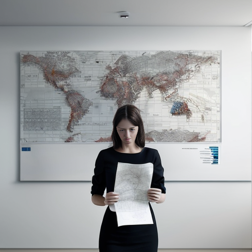 A calm, thoughtful professional woman standing in front of a large abstract map or schematic diagram with blurred and undefined paths, symbolizing uncertainty. She is not stressed, but reflective. Soft lighting, modern office environment, minimalist style, neutral tones. The mood conveys strategic thinking, responsibility, and long-term vision. Professional, realistic illustration or cinematic photography style.