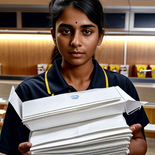 make mcdonalds worker stand wiith paper 'dzimumakts' with empty  lines bellow and in india