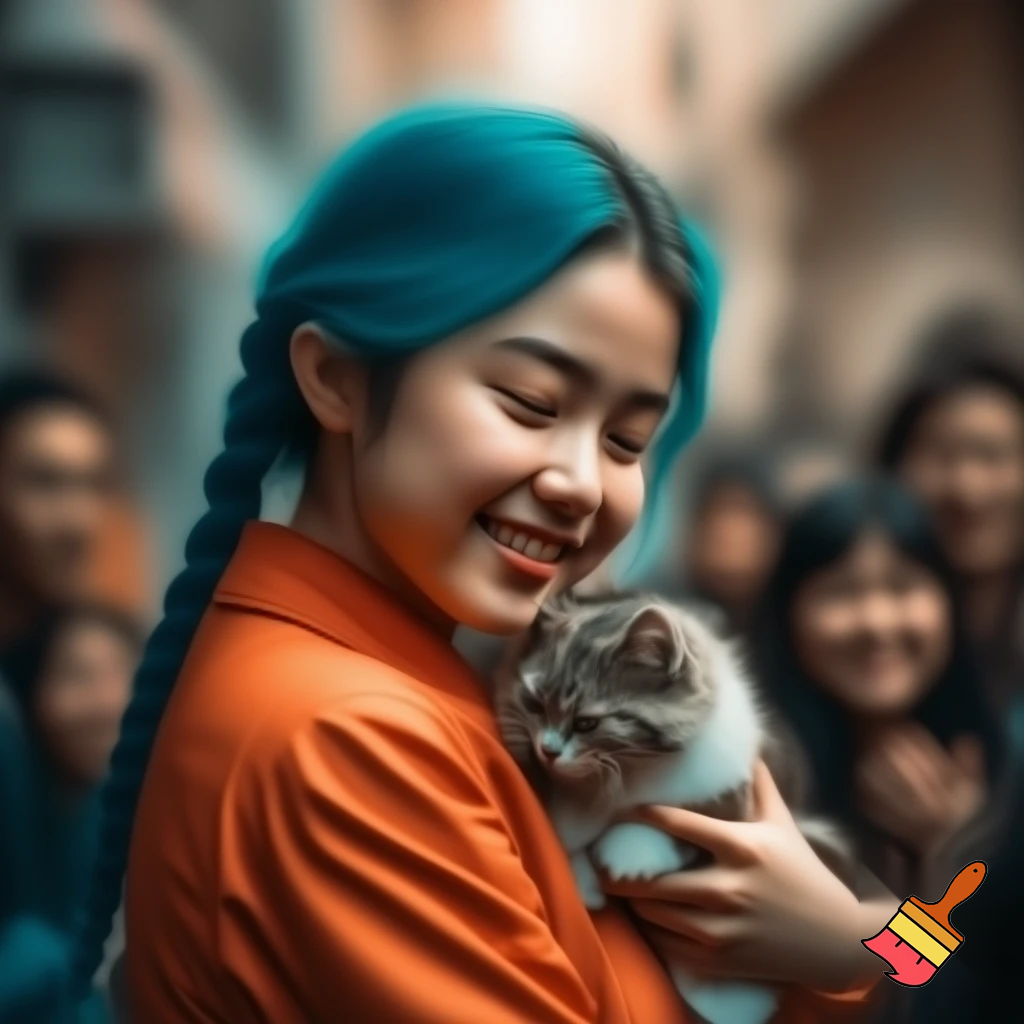 a girl with blue hair braid and a orenge jacket holding a cat and a smle all the people like her she was so famous