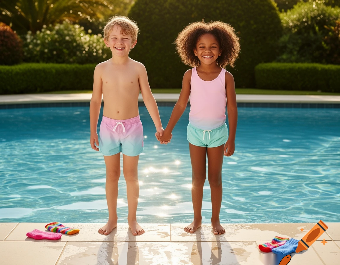 A wholesome scene suitable for children. A ten year old couple having fun on their first date. He is white and she is black. They are holding hands. They are wearing only socks. They are about to swim in the pool behind them.