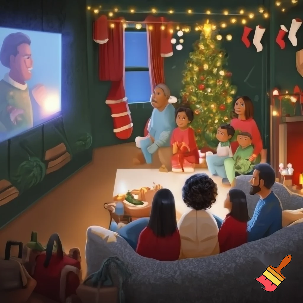 Make me a nice cosy Christmasy family in the living room watching a movie