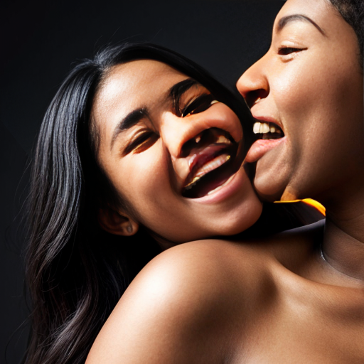 A curvy black ebony woman sitting naked on a male slaves face while kissing her Japanese half Latina curvy naked girlfriend while they both giggle as they kiss 