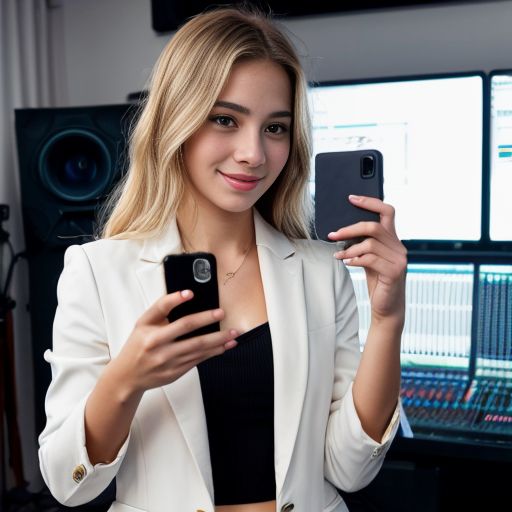 A spoiled very beautiful girl with blonde hair a white blazer and an expensive phone in her hand. She is in a fancy studio with cameras around her
