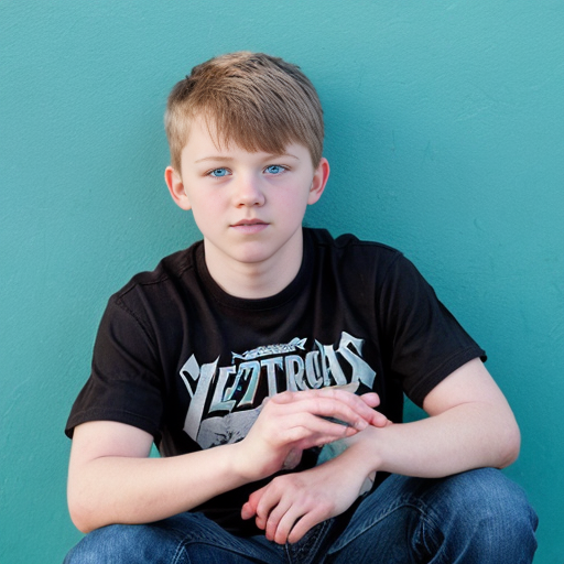 generate a teenage boy named noah dier, slightly chubby, close set blue eyes, big round nose, dark brown buzz with bald sides, wearing a metallica shirt and blue jeans, with an orange background
