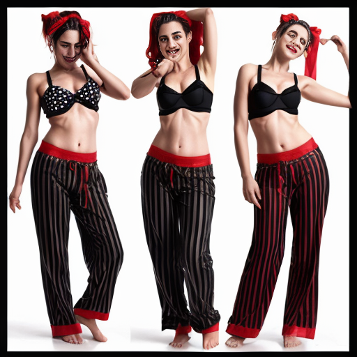 90's disney's 2d aladdin style comic black background and panels of 
panel 1 Harley Quinn with light black and red striped harem pants and bra and black and red curved slippers with both hand palms place together and hiding the bottom of her mouth with a light black and red striped veil wrapped around her arms and shoulders. 
panel 2 she danced with light black and red striped harem pants with light black and red striped bra and red and black curved slippers and with light black and red striped veil wrapped around her arms and shoulders and raising legs and bounced up and down her belly and shook her hips left and right. 
panel 3 as Harley Quinn with light black and red striped harem pants and bra and red and black curved slippers and with red and light black striped veil wrapped around her shoulders and arms and spreading her arms, happily revealing her face to the viewer and giving a smile as she shook her belly left and right. 
Panel 4 Harley Quinn with light black and red striped harem pants and bra and black and red curved slippers and with light black and red striped veil wrapped around her shoulders and arms has started to fading away , except her belly, which is bouncing around and growing. 
Panel 5 then the ball transforms into the fading in belly of Giant red haired giganta barefoot with dark yellow spotted yellow harem pants and bra and dark yellow spotted yellow veil wrapped around her arms and shoulders with her swaying her hips. 
Panel 6 red haired giganta barefoot with dark yellow spotted yellow harem pants and bra and dark yellow spotted yellow veil wrapped around her arms and shoulders then she is flexing her muscled arms. 