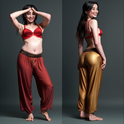 90's disney's 2d aladdin style comic dark blue background and panels of panel 1 Pocahontas barefoot with brown harem pants and bra with both hand palms place together and hiding the bottom of her mouth with a brown veil wrapped around her arms and attached to her head. 
panel 2 she danced with brown harem pants barefoot with brown bra and brown veil wrapped around her arms and shoulders and raising legs and panel 3 Pocahontas barefoot with brown harem pants and bra just bounced up and down her belly  and shook her hips left and right. 
panel 4 as Pocahontas barefoot with brown harem pants and bra spreading her arms, happily revealing her face to the viewer and giving a smile as she turns around shook her butt left and right. 
Panel 5 Pocahontas barefoot with brown harem pants and bra started to fading away , except her belly, which is bouncing around. 
Panel 6 then the ball transforms into the fading in belly of mulan  with red harem pants and red bra and red curved slippers with a  red veil wrapped around her arms and shoulders with her swaying her hips. 
Panel 7 mulan with red harem pants, red bra and red curved slippers and with a red veil wrapped around her arms and shoulders and with her hand palms place together between her chest and she gives a smile and winking her left eye.