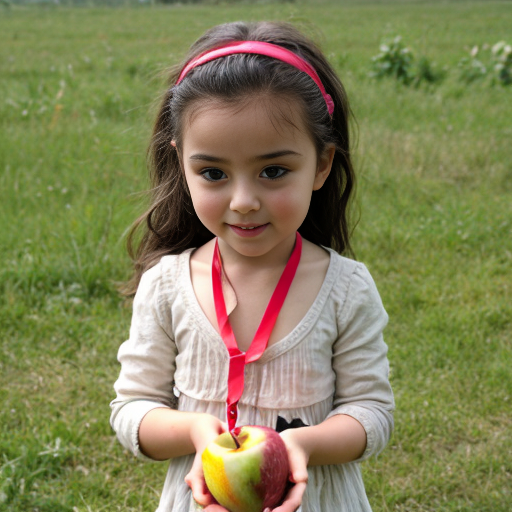 a little girl with a apple neeklace