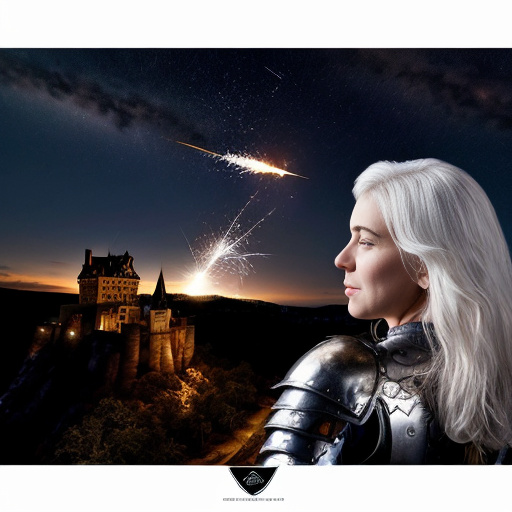 young white-haired woman in armor watches as meteorites fall on her castle