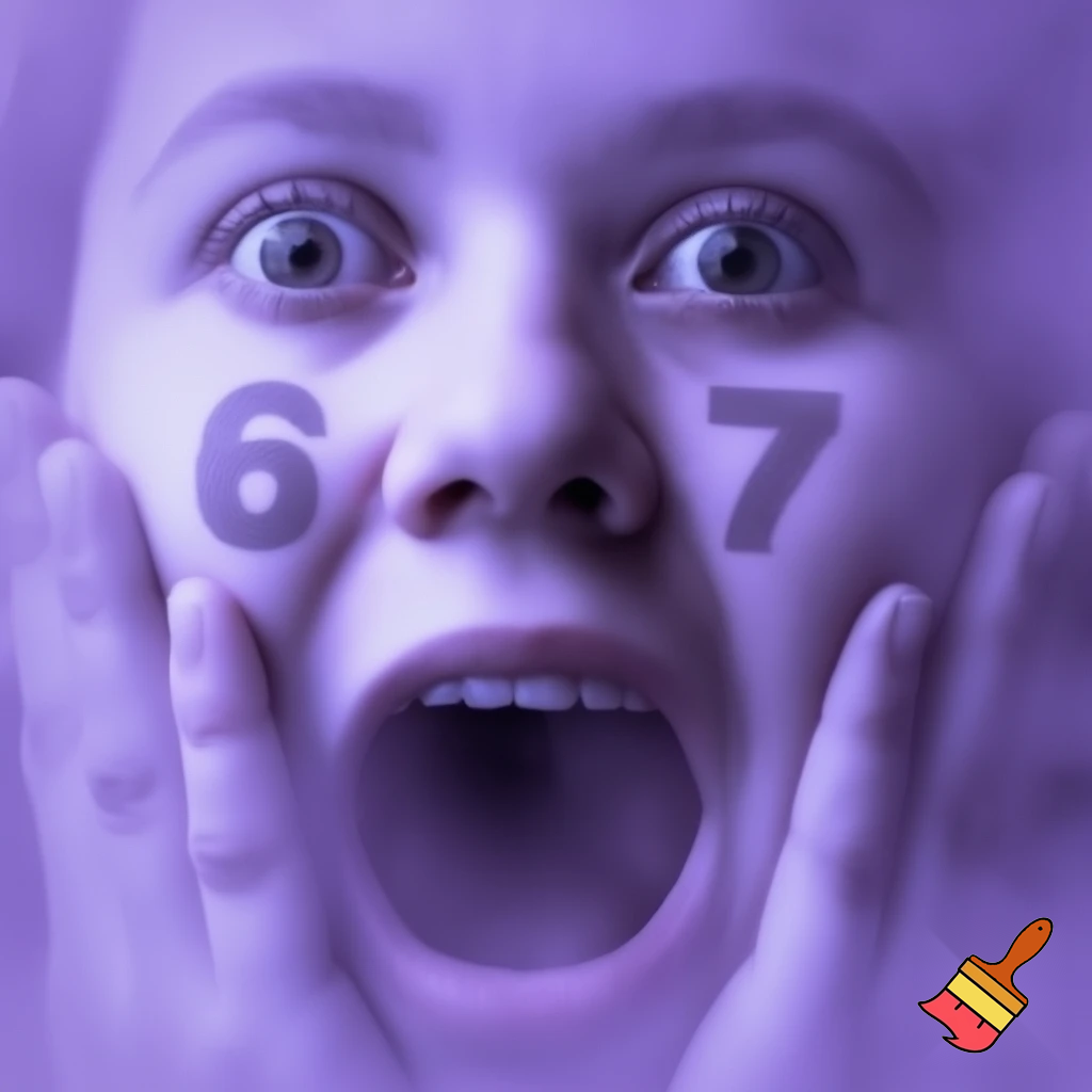 The number  6 7 on a person's hands while the person's mouth hangs open in a weird unlocked position. Make it to where we can see the persons full face, and put a purple haze around everything.