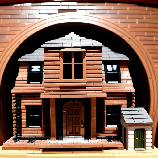  Make a cabin that can be described like this On the outside, the cabin is made of bricks and has a row of smokestacks on the top, making it look like a miniature factory. The door is bronze, thick, and circular, like a vault door, and opens with lots of steam and gears clunking.