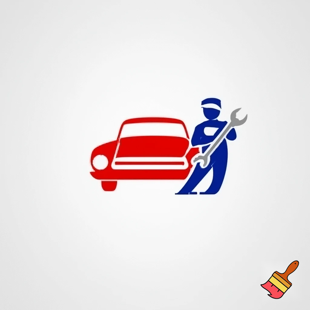 Erstelle ein Logo mit einem weißem Hintergrund. Es soll ein rotes Auto zusehen sein. Rechts daneben steht ein Mechaniker in blau gekleidet und einem Schraubenschlüssel in der Hand.