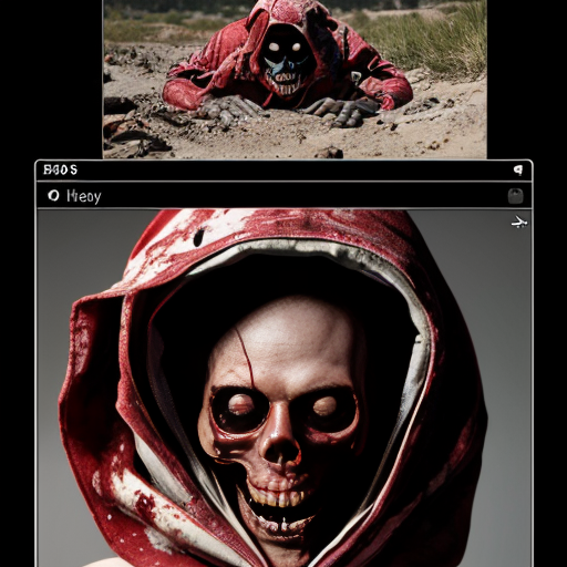 ​A screenshot of a social media feed with two stacked posts, featuring unreadable, distorted text and standard interaction icons. The top post displays two side-by-side images of a distorted, macabre humanoid figure in a blood-soaked, tattered gown, covered in tattered cloths, lying on light dirt. The bottom post shows a single image of a messy, desolate space filled with debris and a dark, heavily distorted demon, The entire image must have a low-resolution, weirdcore, "cursed image" style with early AI generation artifacts., body horror 