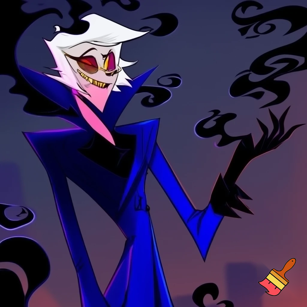 A tall, lean pale man with white hair, distinctive round brass glasses he has a stern look on his face. his face In cartoonish art style of hazbin hotel wearing his signature blue overcoat with black sinister smoke curling around him his hand reaching out, producing the black sinister smoke