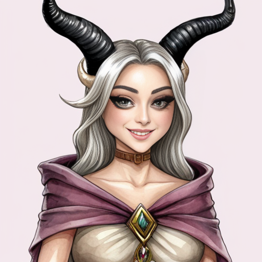 A elegantly beautiful seven-foot tall, lavender-pink skinned Tiefling with ram-like horns, long wavey blond hair and a curvaceous figure. She is dressed for a long journey on the road, with many assorted shiny bobbles worn like jewelry and as adornments on her cloak and around her waist. She has a cheerful smile and jovial ruby eyes. In the art style of a well-drawn comic or anime character.