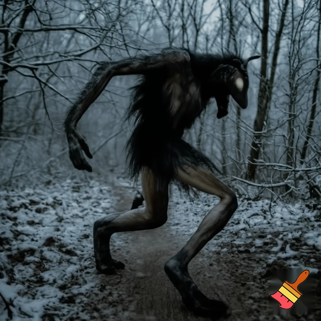 creepy dark photorealistic wendigo on trailcam