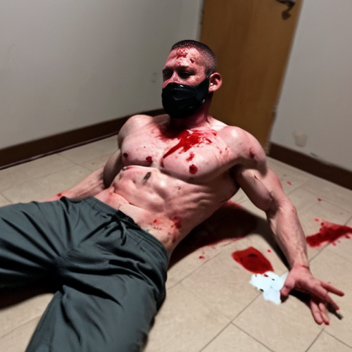 shirtless random man (neighbor, not everyone has abs or 6 pack.), face are hiding by shirt, died already, chest are open wounded circle in random man, blood everywhere, eye closed, floor on corpse body, not pant less.