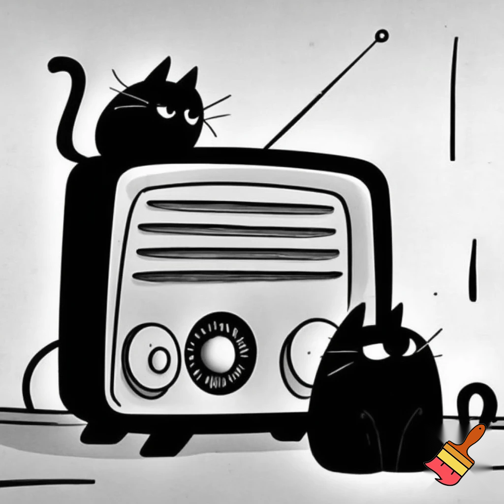 Draw a black and white old time radio with 2 cats in silhouette form. Make the drawing more like a cartoon.