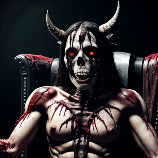 A 9:16 aspect ratio pic of Photorealistic massive 30-foot-tall demonic entity seated on a blood-soaked gothic throne, colossal elongated humanoid skeleton fused with obsidian plates and rotting flesh, tall bishop-mitre crown of jagged horns and inverted crosses fused to elongated skull, glowing crimson eyes with no pupils, wide lipless maw full of jagged fangs, raised right arm with 4-foot-long multi-jointed fingers ending in razor obsidian talons dripping blood, left arm resting on throne, ribcage visible through translucent necrotic skin, chains and barbed wire piercing chest and shoulders, black ichor and blood oozing from wounds, tattered blood-soaked robes merging into throne, hyper-detailed textures of bone, rotting muscle, glossy obsidian, and glistening blood, photorealistic, raw horror photography, 8k, cinematic lighting, extreme gore, uncensored