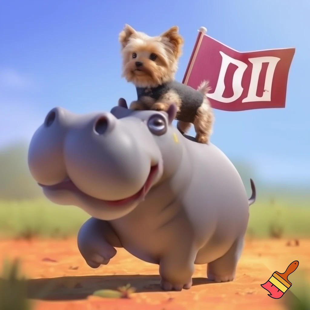A tiny Yorkie waiving a flag with the letters DC riding a cute hippopotamus