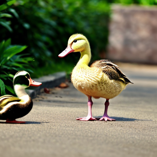 Green duckling, pink duckling are following and walking with mother duck.