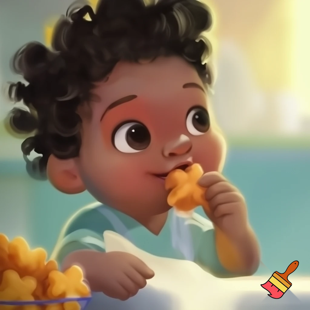 Dark skin colored kid with curly black hair in Disney animation style eating chicken nuggets shaped into stars