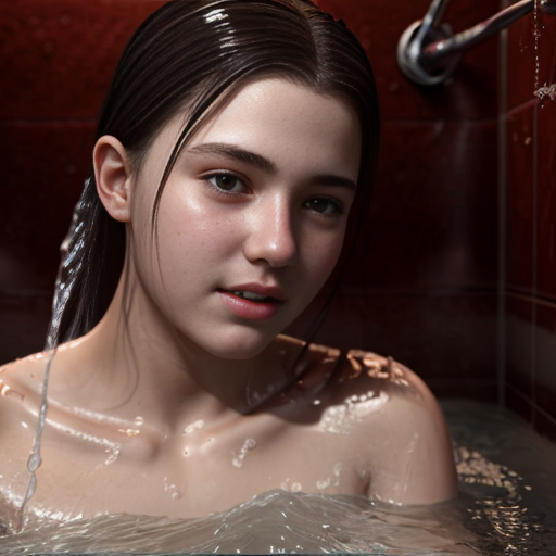 girl teen winter, a showers in red water