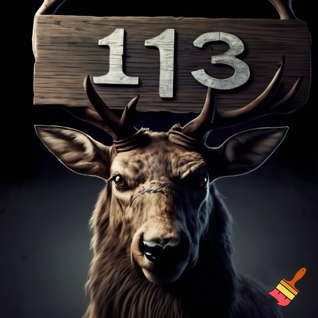 picture of a mugshot deer with scars and a serious face holding a number board