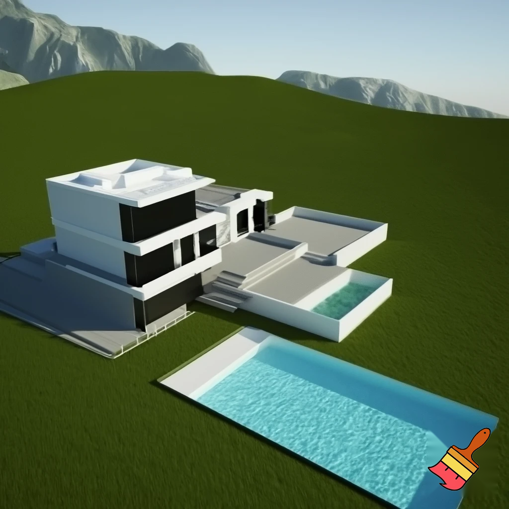 Crea modellino di villa 3D con piscina,in montagna 