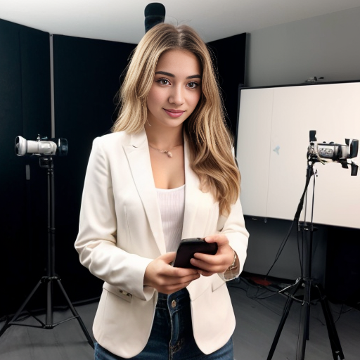 A spoiled very beautiful girl with blonde hair a white blazer and an expensive phone in her hand. She is in a fancy studio with cameras around her