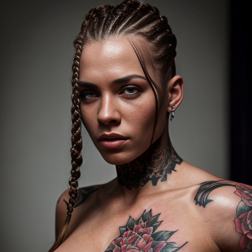 Muscle women  dark red cornrows dark green eyes tattoos