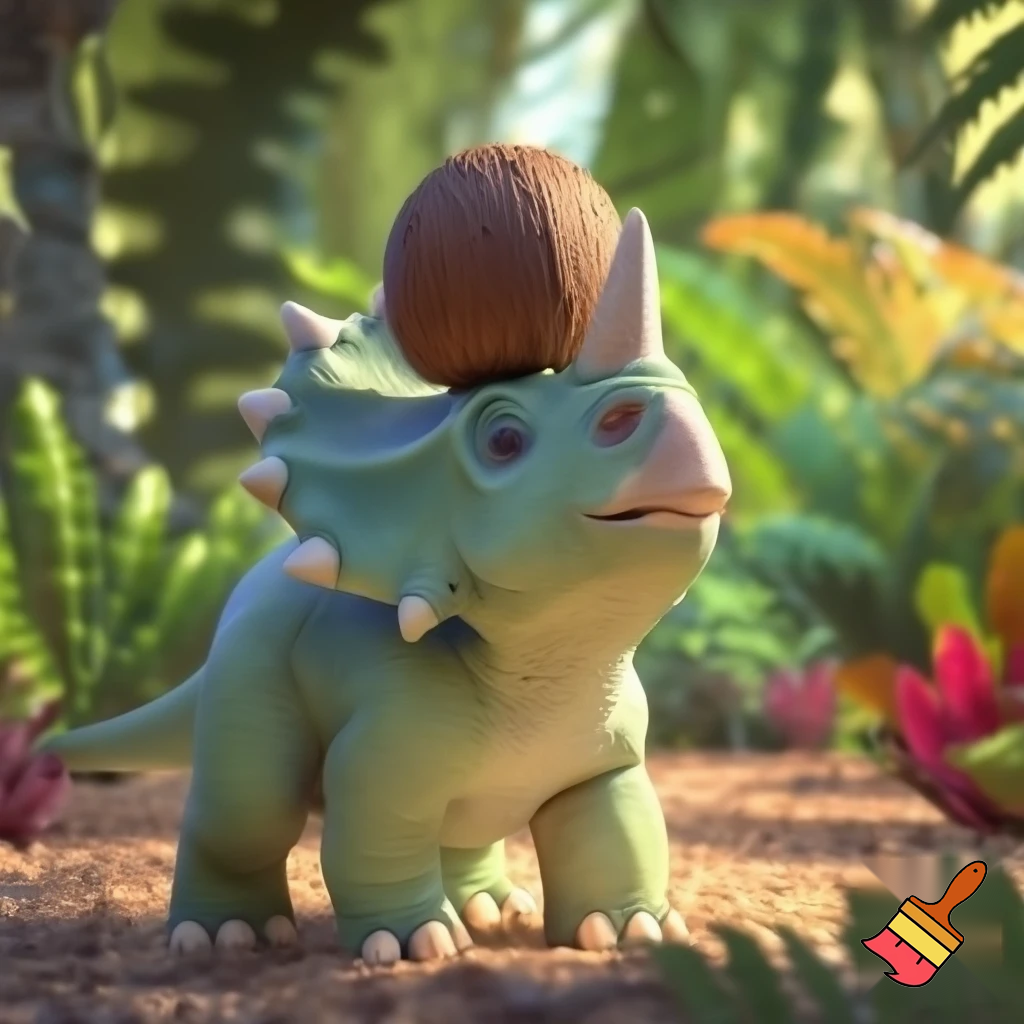 Draw a cute baby triceratops in the wild with a coconut nut on his nose horn 