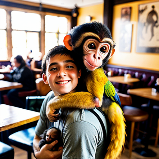 monkey carrying monkey baby with parrot on his shoulder in a cafe called 67 cafe