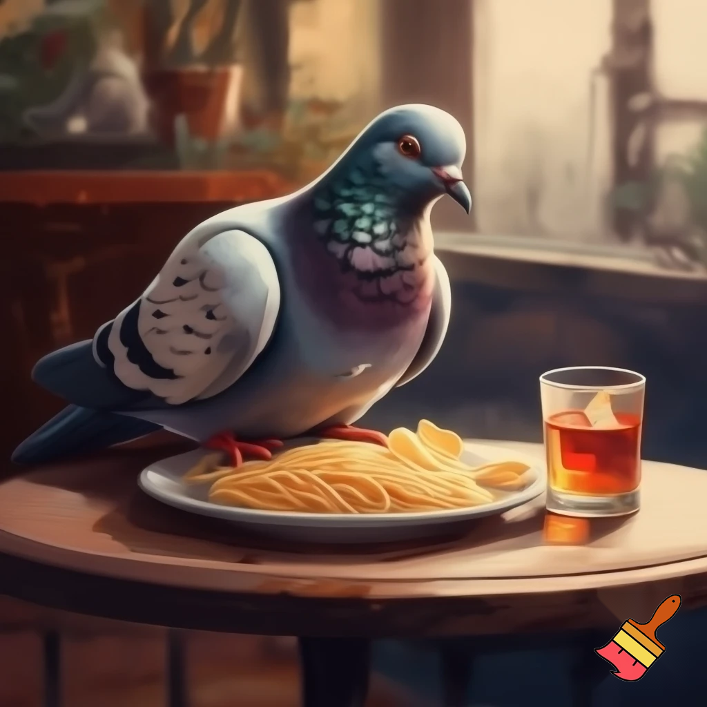 The Pigeon is in a cozy cafe eating spaghetti and potato chips with barbados rum.