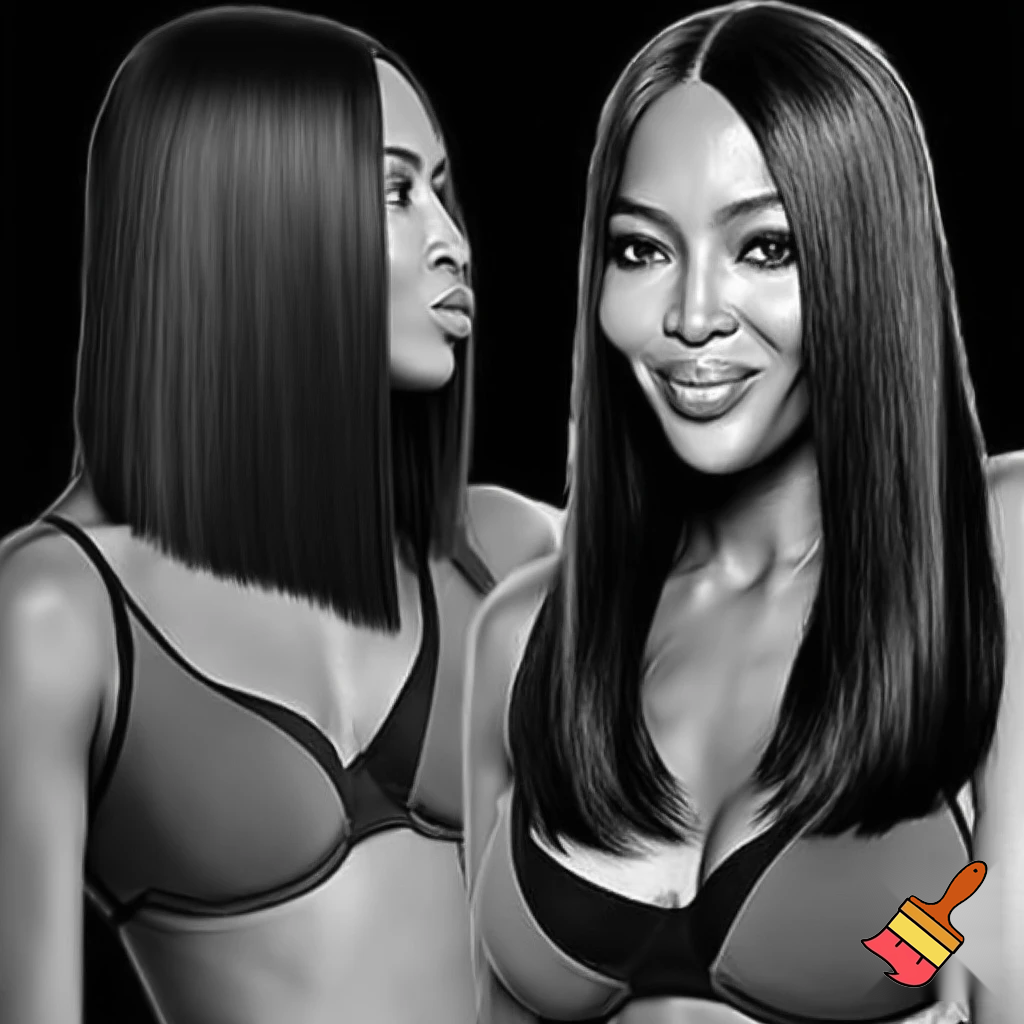 Black and white image of Naomi Campbell with a sleek black middle part bob hair wearing a grey tank top and black bra working out 