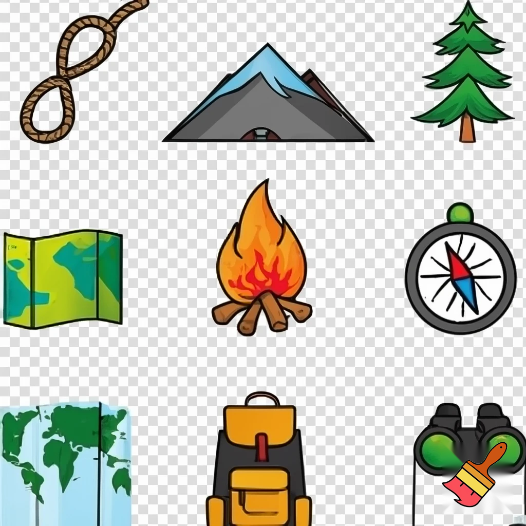 single icons of nature exploration in cartoon style : cord, fir tree, mountain, campfire, tent, carabiner, compass, backpack, world map, hiking shoe, binoculars