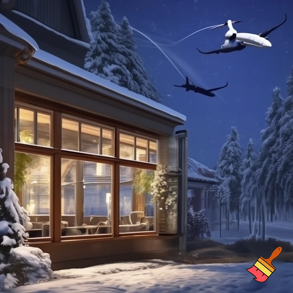 Generate a picture of a cozy fancy Steakhouse, in a neighbourhood forest in the winter with a nice and cozy interior shown by the wooden framed windows with private jets flying over the restaurant