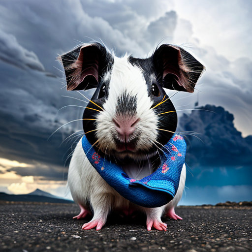 teddy the guinea pig is round in an epic pose with Elbrus on its back as part of its body, with blue neon eyes and atomic breath in the clouds and thunderstorm, with cinematic lighting for drama