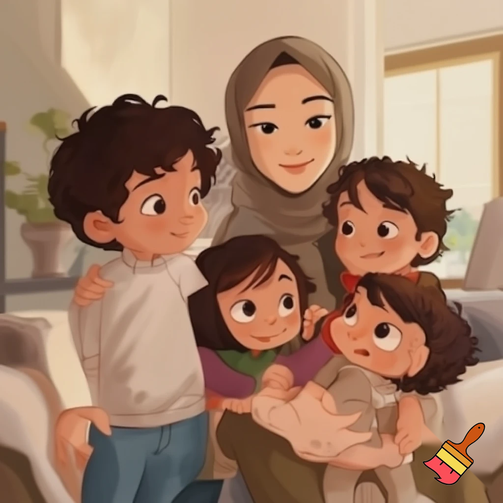 Je veux une famille normale avec une maman fine et voilée avec 3 garçons d'environ 10 ans une petite fille de 8 ans une fille de 4 ans et un bébé ils ont tous les cheveux noirs bruns et je veux pas de salon arabe juste la maman est voilee 