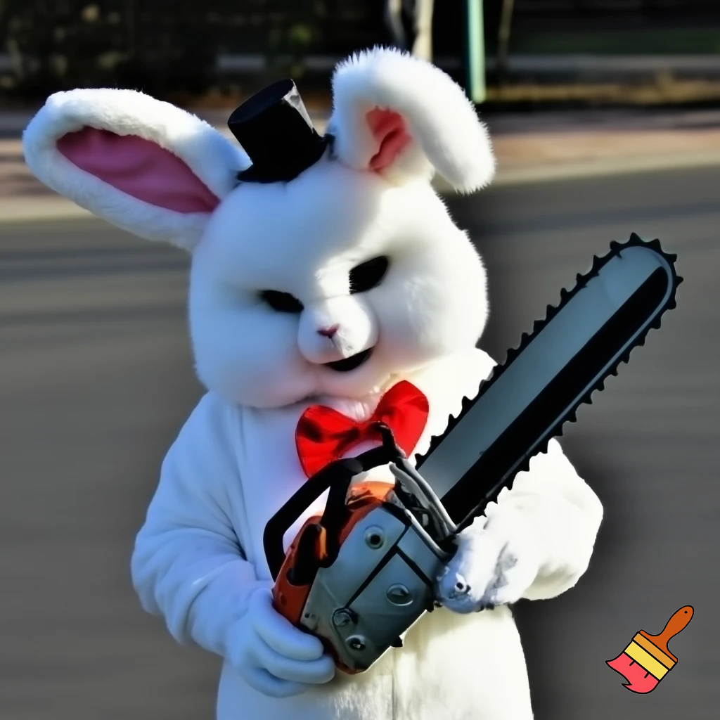 Easter bunny with a chainsaw with a top hat mascot costume