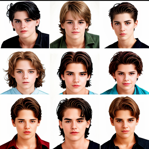  individual head shots of  the different main characters from the book the outsiders.
